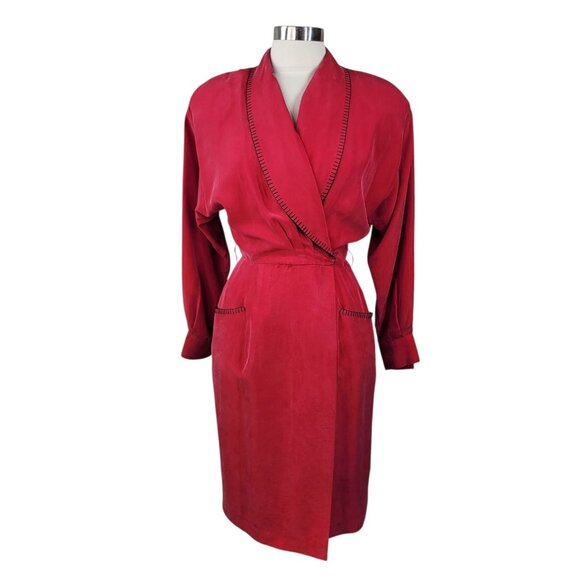 Vintage 100% Silk Power Suit Jacket Dress Size 6 Midi Top Red Wrap Pockets 80s - Picture 2 of 11